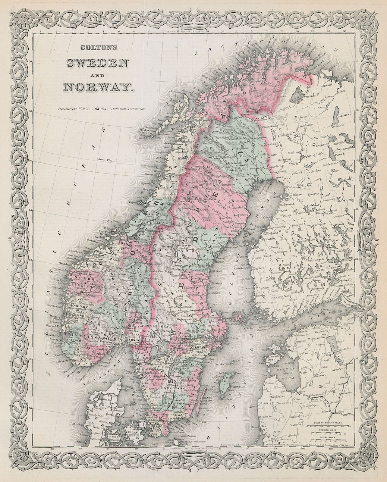 Colton's Sweden and Norway. Decorative antique map. Scandinavia 1869 old